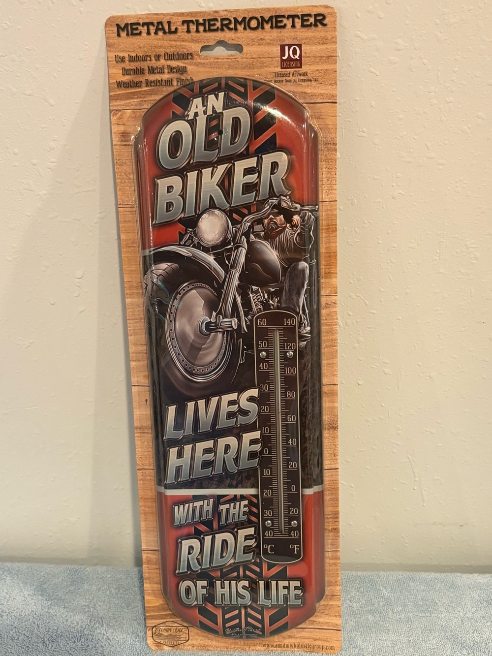 An Old Biker Livers Here With the Ride of His Life Metal Thermometer. 17.5”x5.2